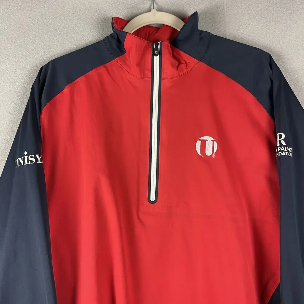 FootJoy FJ Hydroknit Mens Jacket Large Red Blue Long Sleeve 1/4 Zip Golf Logo‎